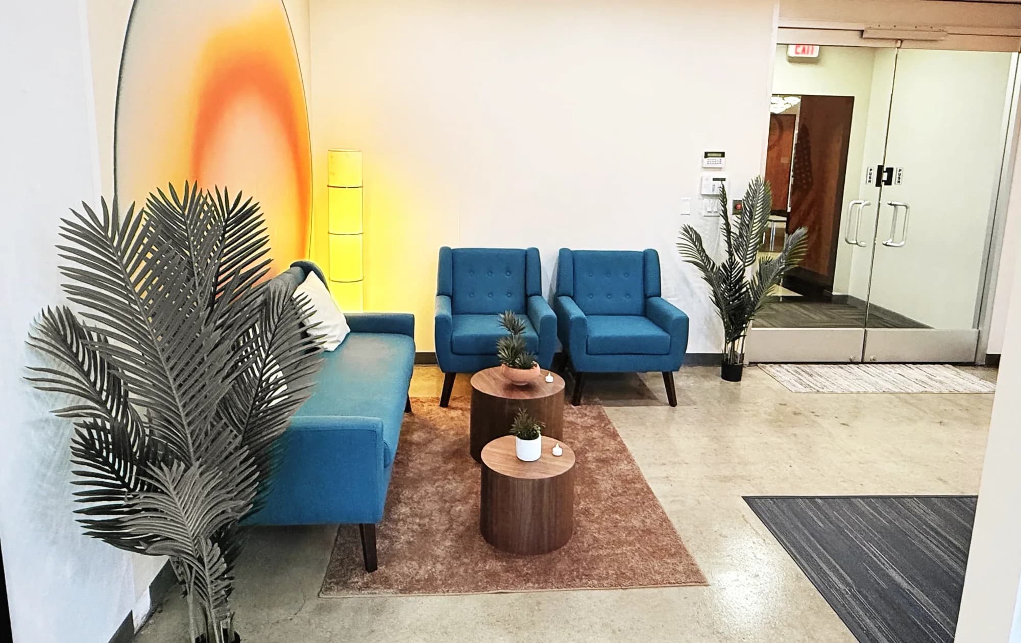 The business lounge prepared for meetings and conversations