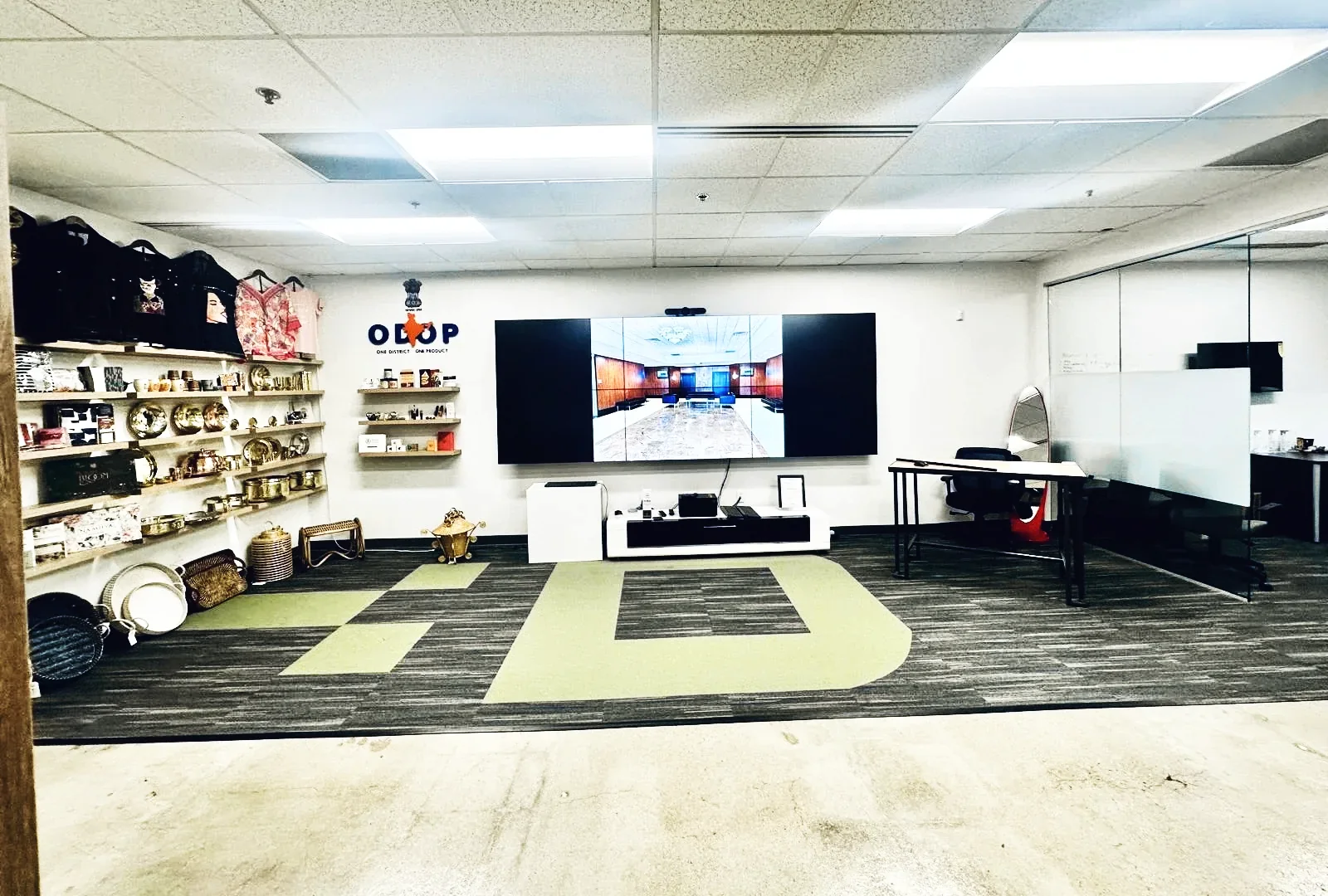 A wall display of One District One Product goods