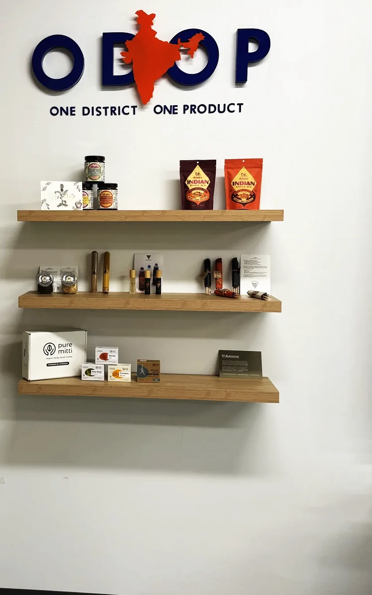 Products arranged across a wall display